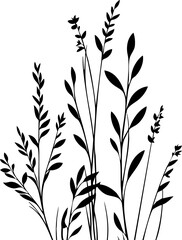 Small leaf plant silhouette pattern wallpaper. Black and white. minimal artwork. simple template. tattoo design. card and package. PNG tranparent.