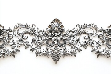 Intricate metallic lace design featuring floral and scrolling elements, perfect for elegant backgrounds.