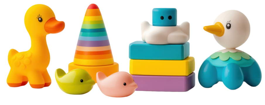 Colorful toy animals and stacking blocks playroom digital image bright transparent background