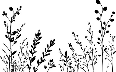 Small leaf plant silhouette pattern wallpaper. Black and white. minimal artwork. simple template. tattoo design. card and package. PNG tranparent.