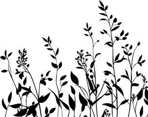 Small leaf plant silhouette pattern wallpaper. Black and white. minimal artwork. simple template. tattoo design. card and package. PNG tranparent.