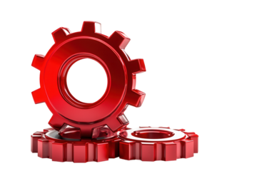 Red gears transparent background industrial mechanics product isolated close-up view engineering concepts