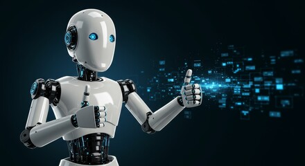 Naklejka premium Robot Giving Thumbs Up with Data - Futuristic robot displaying a thumbs up gesture, interacting with data streams. A positive technological advancement