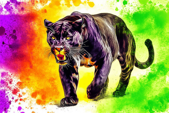 Painted in soft Image of a panther painted in watercolor shades. The image is isolated on a pure white background. A watercolor depiction of a panther stands out, set against a vibrant background
