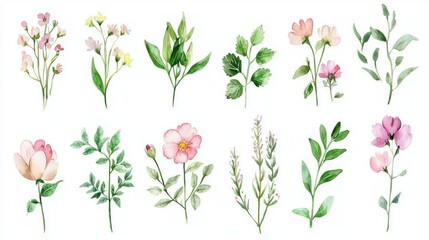 Obraz premium A hand-painted watercolor illustration of delicate flowers, leaves, and herbs with soft pastel tones.