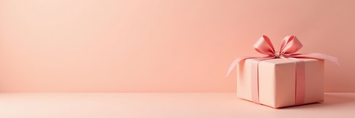 Soft peach background with a wrapped gift box on it, pastel, decorative, minimalist