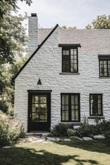 A delightful white cottage adorned with elegant black accents is nestled amid vibrant greenery, creating a peaceful garden oasis bathed in daylight
