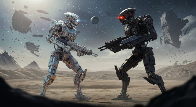 Robots in a Desolate Landscape - Two futuristic robots face off in a barren, extraterrestrial landscape, symbolizing conflict, technological advancement, artificial intelligence, a desolate future