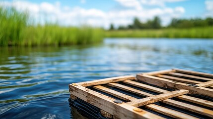 Naklejka premium Aquaculture Waste Concept, Wooden Sediment Traps Installed in Aquaculture Ponds to Enhance Water Quality and Sediment Management Practices