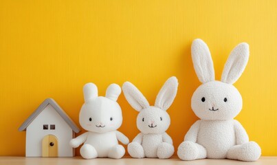 Obraz premium Three White Bunny Toys Near A Small House