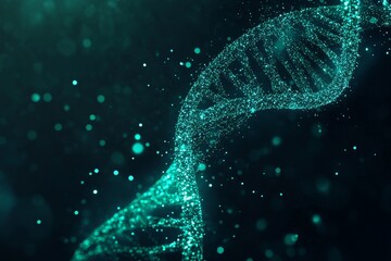 Glowing Green DNA Helix with Sparkling Particles in Dark Background