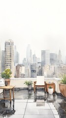 City skyline viewed through a raincovered rooftop terrace, urban elegance