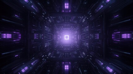 Fototapeta premium A futuristic tunnel with glowing purple lights and a central bright square.