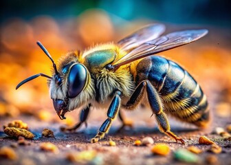 Close-up of a Bee on the Ground, Insect Macro Photography, Detailed View of a Honeybee