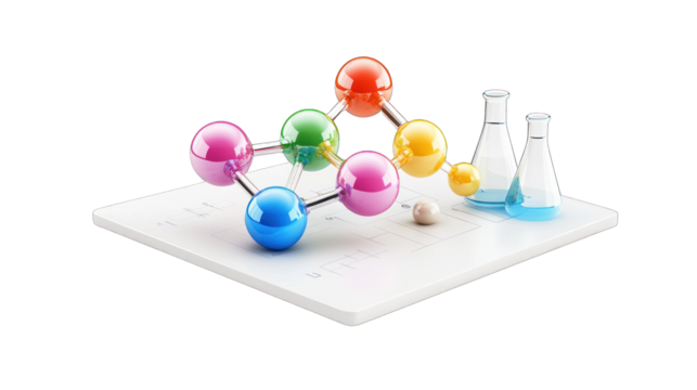 A colorful molecule is surrounded by a series of glass beakers