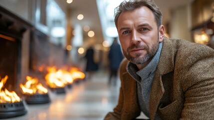 Obraz premium Stylish Mature Man Relaxing by Modern Fireplace in Cozy Setting