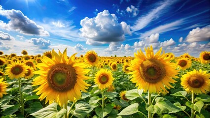Obraz premium Sunflowers in a field with blue sky and white clouds on a warm sunny day, outdoor, foliage, nature, blue