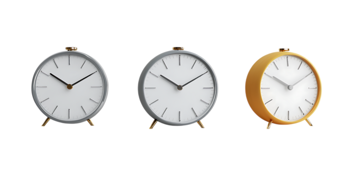 Set of 3D Alarm Clock PNG Against Transparent Background for Time Management, Productivity Concepts, or Office Branding