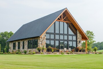 Obraz premium This contemporary stone cabin features large, expansive windows that offer stunning views of the lush green landscape, all set beneath a bright, clear sky