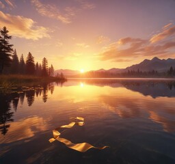 Sunset over a serene lake with a golden ribbon floating on the water, abstract background, natural scenery, golden ribbon