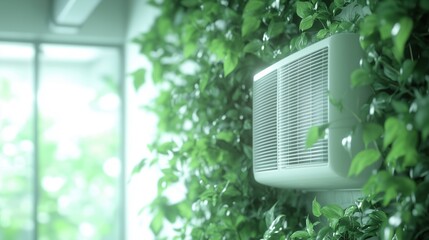 A modern air conditioner mounted on a lush green wall with soft lighting.