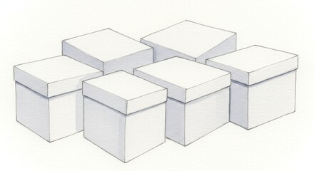 Fototapeta premium Six White Gift Boxes Illustration - An illustration of six blank white gift boxes of varying shapes and sizes, symbolizing gifting, celebration, presentation, packaging, and surprise