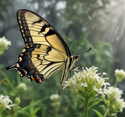 Swallowtail butterfly perched on anise with dew drops , nature, yellow, anise
