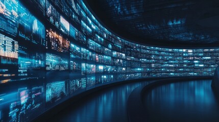 Futuristic Technology Wall with Glowing Screens, Data Visualization, and Modern Design