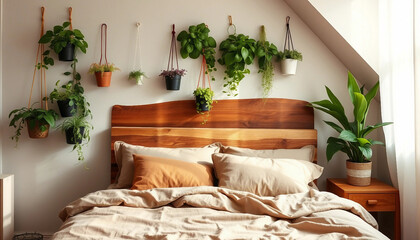 A serene bedroom with wooden furniture, indoor potted plants, sunlight streaming through the window, and warm neutral tones, perfect for conveying peace, tranquility, and modern interior design inspir