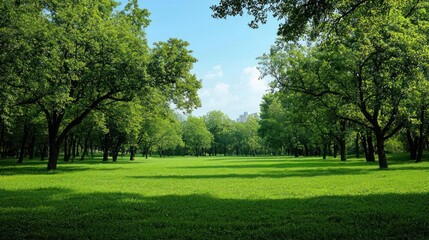 Obraz premium Lush Green Park Landscape Under Bright Sunlight