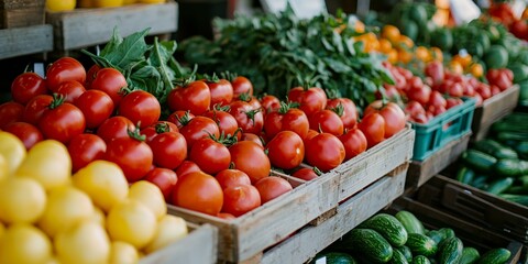 A variety of fruits and vegetables are displayed on wooden crates