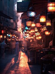 Obraz premium Vibrant Ramadan market at night with colorful lanterns, traditional spices, dates, and festive atmosphere, people shopping for Iftar in a Middle Eastern bazaar