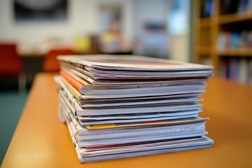 A high stack of papers and magazines on a wooden table in a library setting.