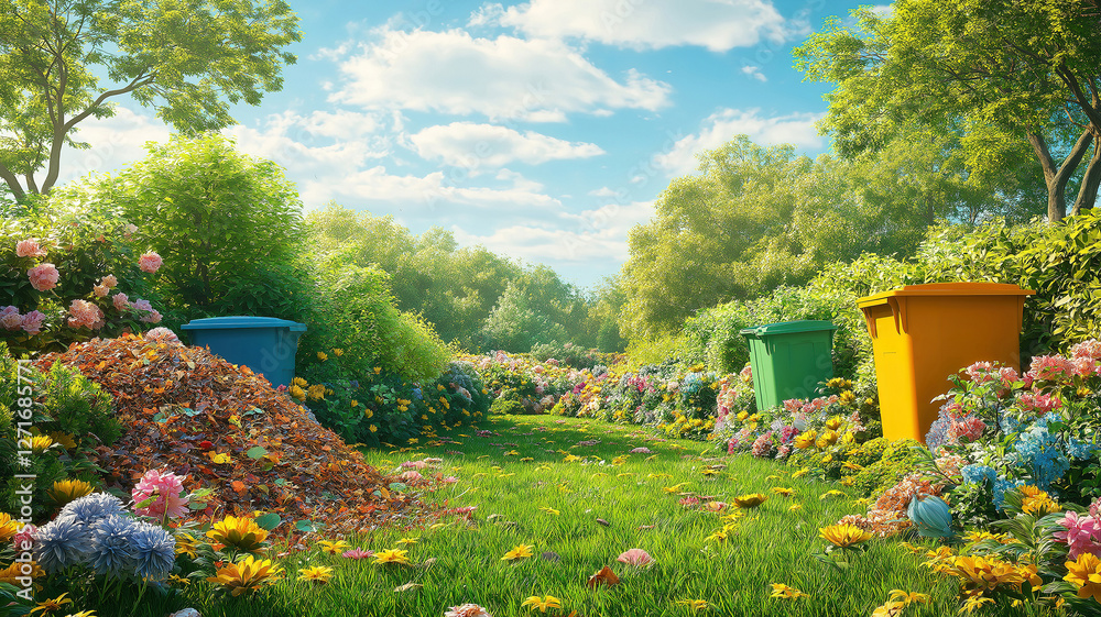 Canvas Prints lush green scenery with compost heap and recycling bins, highlighting reduce reuse recycle