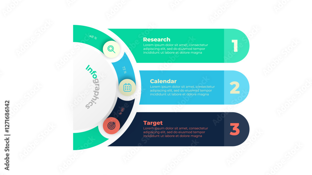 Wall mural project management. business infographic with data visualization elements and 3 options or steps, pe