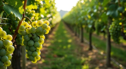 Fototapeta premium Sunlit Vineyard Grapes - Lush green grapes hang heavy on the vine in a sun-drenched vineyard, rows of vines stretching to the horizon