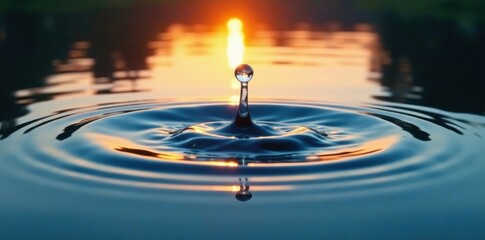 A single drop of water impacting a still surface at sunset, creating concentric ripples reflecting the warm light