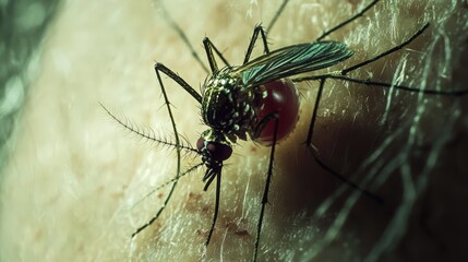 Fototapeta premium Close-up of a Mosquito Feeding on Human Skin Depicting Disease Transmission