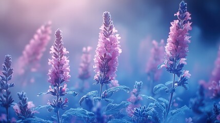 Obraz premium Vibrant Pink Flowers in Ethereal Misty Blue Garden Scene