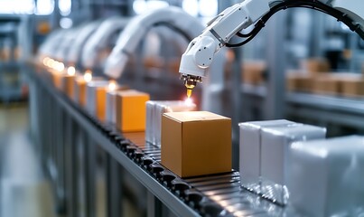 Automated packaging process manufacturing plant industrial technology controlled environment close-up view efficiency concept. Automatic robot mechanical arm is working in temporary storage 