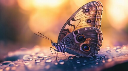A close-up of a colorful butterfly resting on a leaf with dew drops.