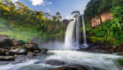 Obraz premium roaring waterfall crashing into rocks, surrounded by lush greenery