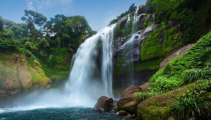 Fototapeta premium roaring waterfall crashing into rocks symbolizes power, surrounded by lush greenery