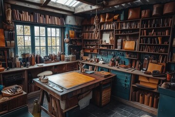 Traditional leather workshop with tools and materials, showcasing craftsmanship and heritage