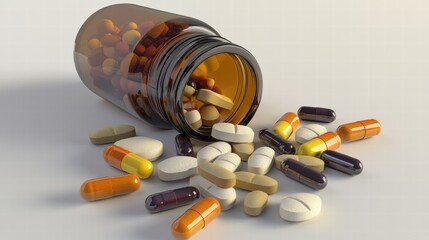 Colorful Capsules and Tablets Spill from an Open Medicine Bottle