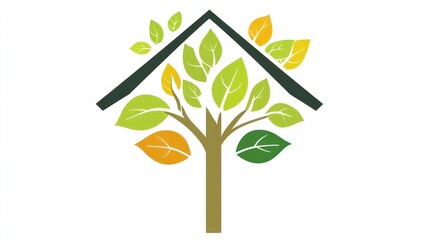 A stylized tree with leaves of varying colors, symbolizing growth and seasons, sheltered under a simple house-shaped roof.