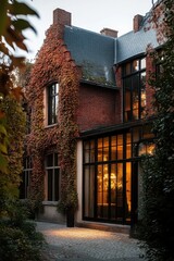 Charming brick house adorned with vibrant ivy at sunset highlighting warm interior lights creating a cozy atmosphere in a tranquil garden setting