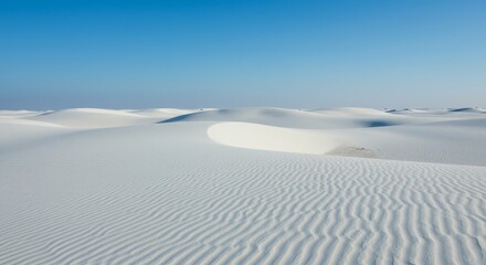 White Sands National Park Dune Landscape - Serene, vast, expansive white sand dunes under a clear blue sky. Symbolising peace, tranquility, nature's beauty, solitude, and endless horizons