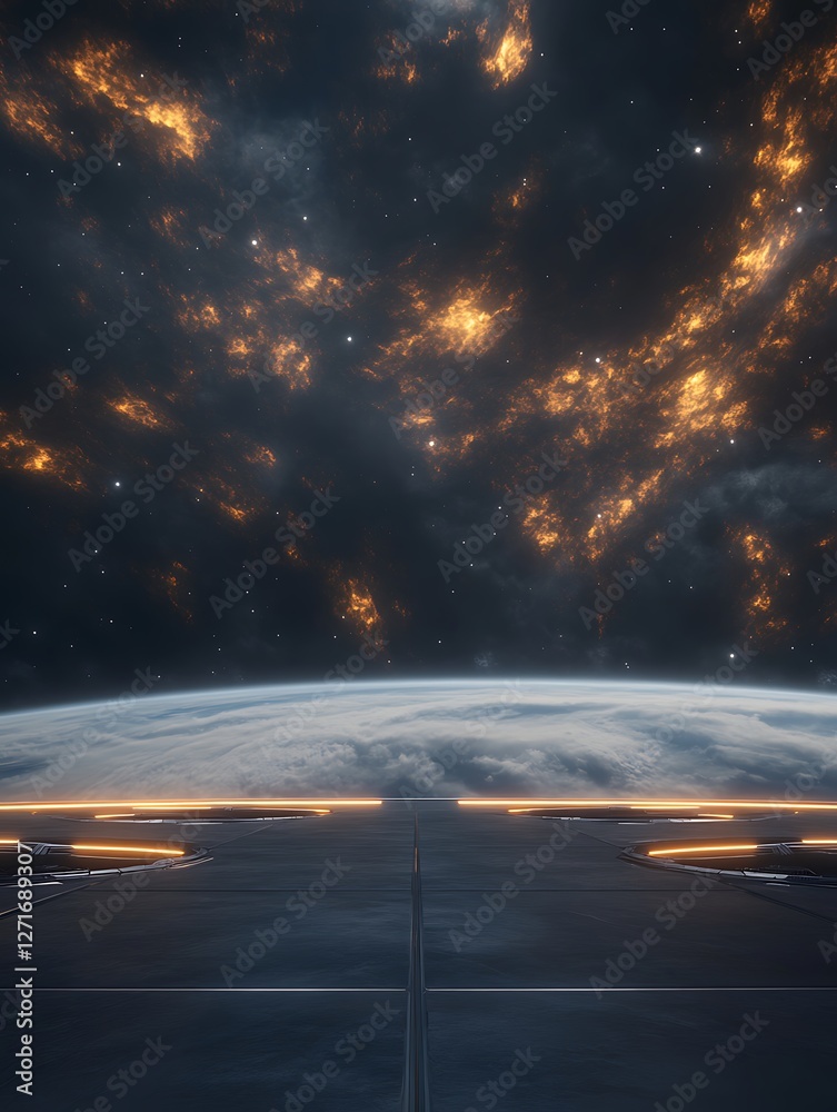 Poster a futuristic space station orbits a gas giant, showcasing advanced design in a cosmic setting.