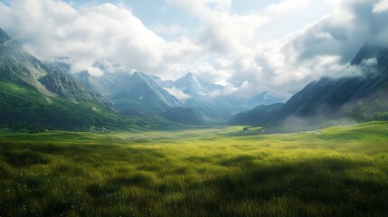Fototapeta premium Stunning mountain valley bathed in golden sunlight with drifting clouds image